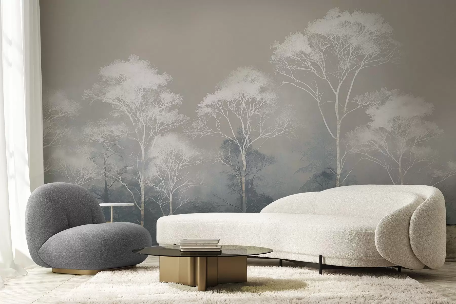 Fototapete Minimalistische Bäume in Blaugrau-Palette, im Nebel w09448