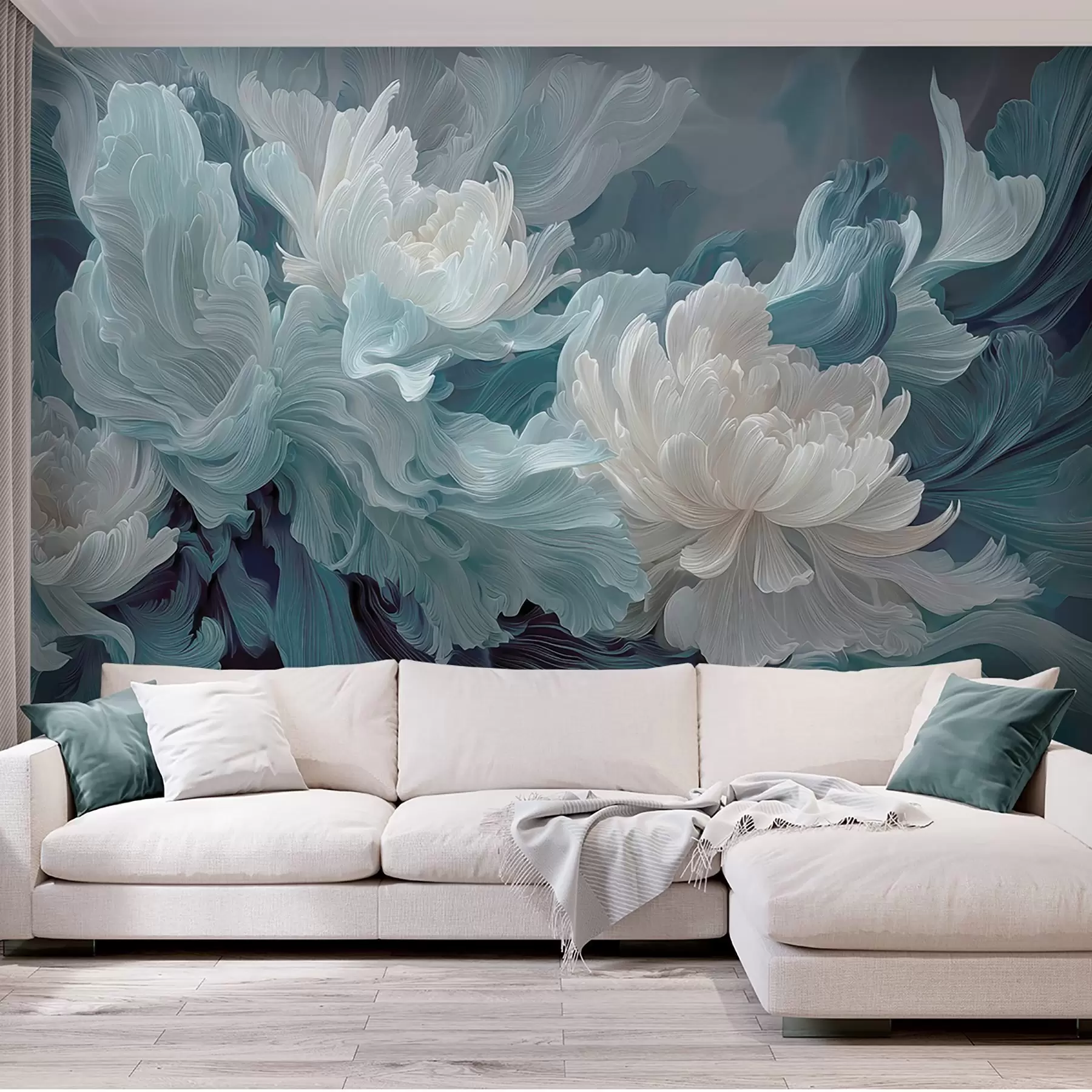 Fototapete Abstrakte Blumen in Blau- und Türkistönen w09452