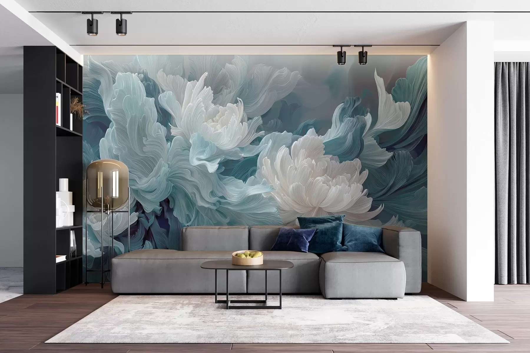 Fototapete Abstrakte Blumen in Blau- und Türkistönen w09452
