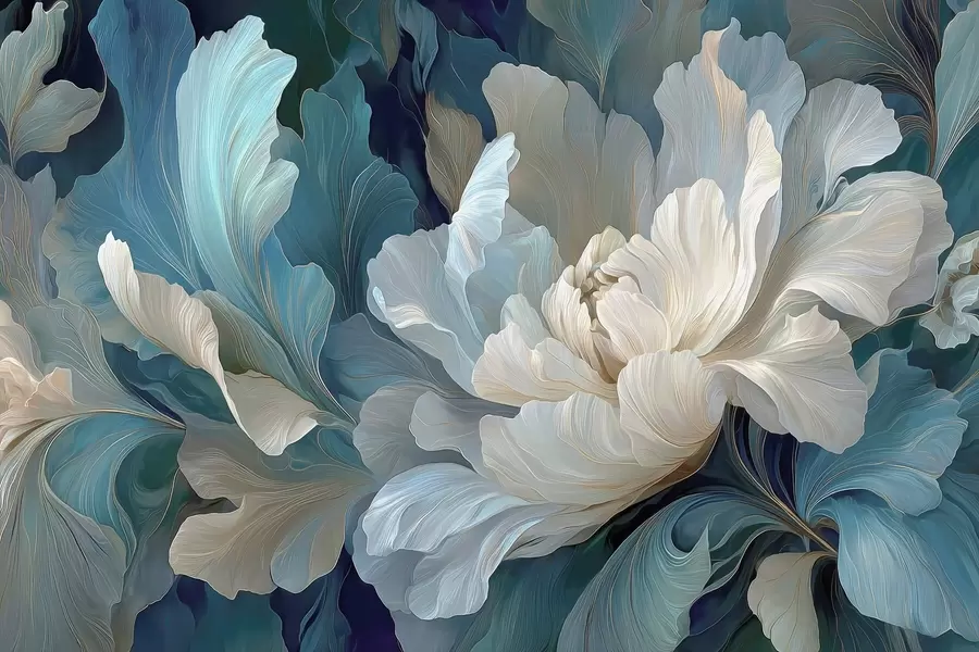 Fototapete Zarte volumetrische Pfingstrose in kühlen Farben w09456