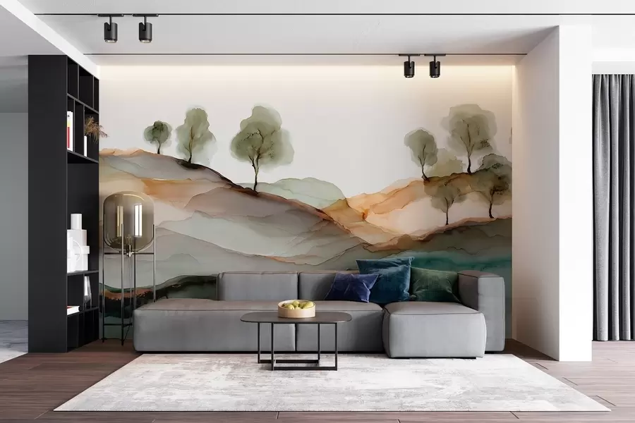 Fototapete Abstrakte Landschaft im Alkohol-Tinten-Stil – Hügel und Bäume in Pastelltönen w09457