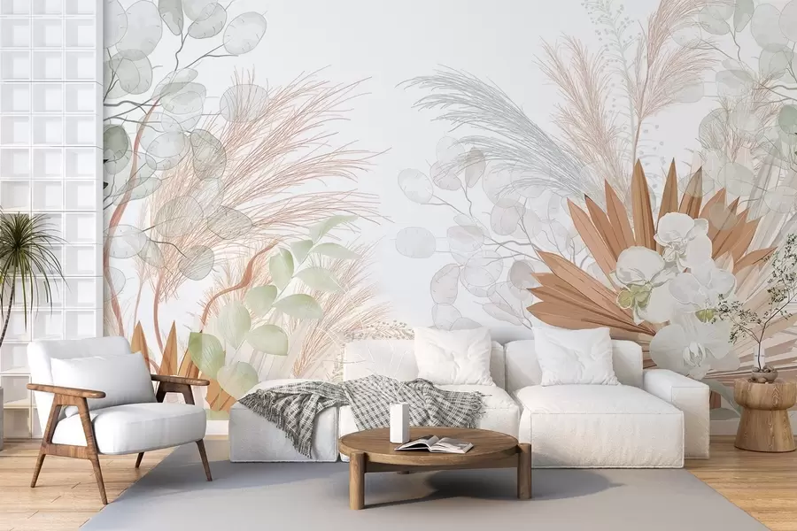 Fototapete Pampasgras, Eukalyptus, tropische Blätter und Orchideen vor weißem Hintergrund, Pastellfarben w09366