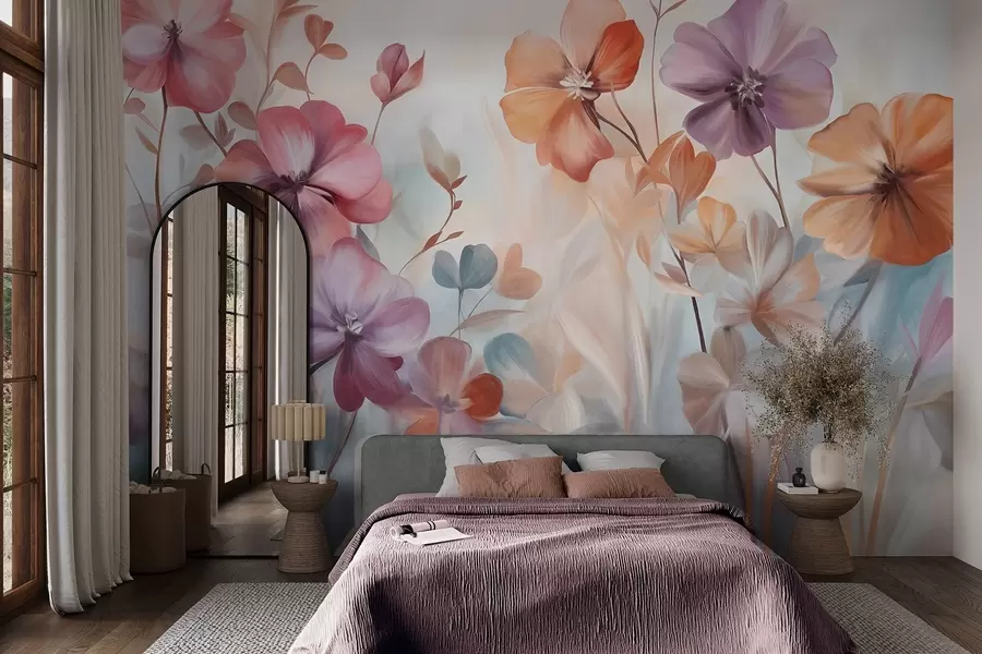 Fototapete Texturiertes Blumenarrangement mit rosa, violetten und orangefarbenen Blüten mit grünen Stielen und Blättern, sanfte Pastellfarben w09486