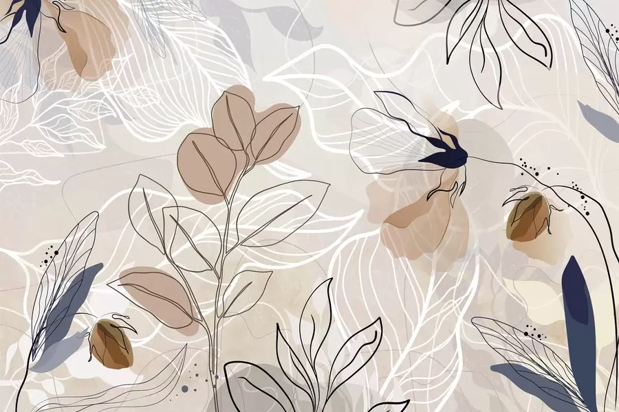 Fototapete Beiger abstrakter Hintergrund mit Blatt- und Blumenlinienkunst, modern, minimalistisch, organische Formen, botanischer Druck  w09487