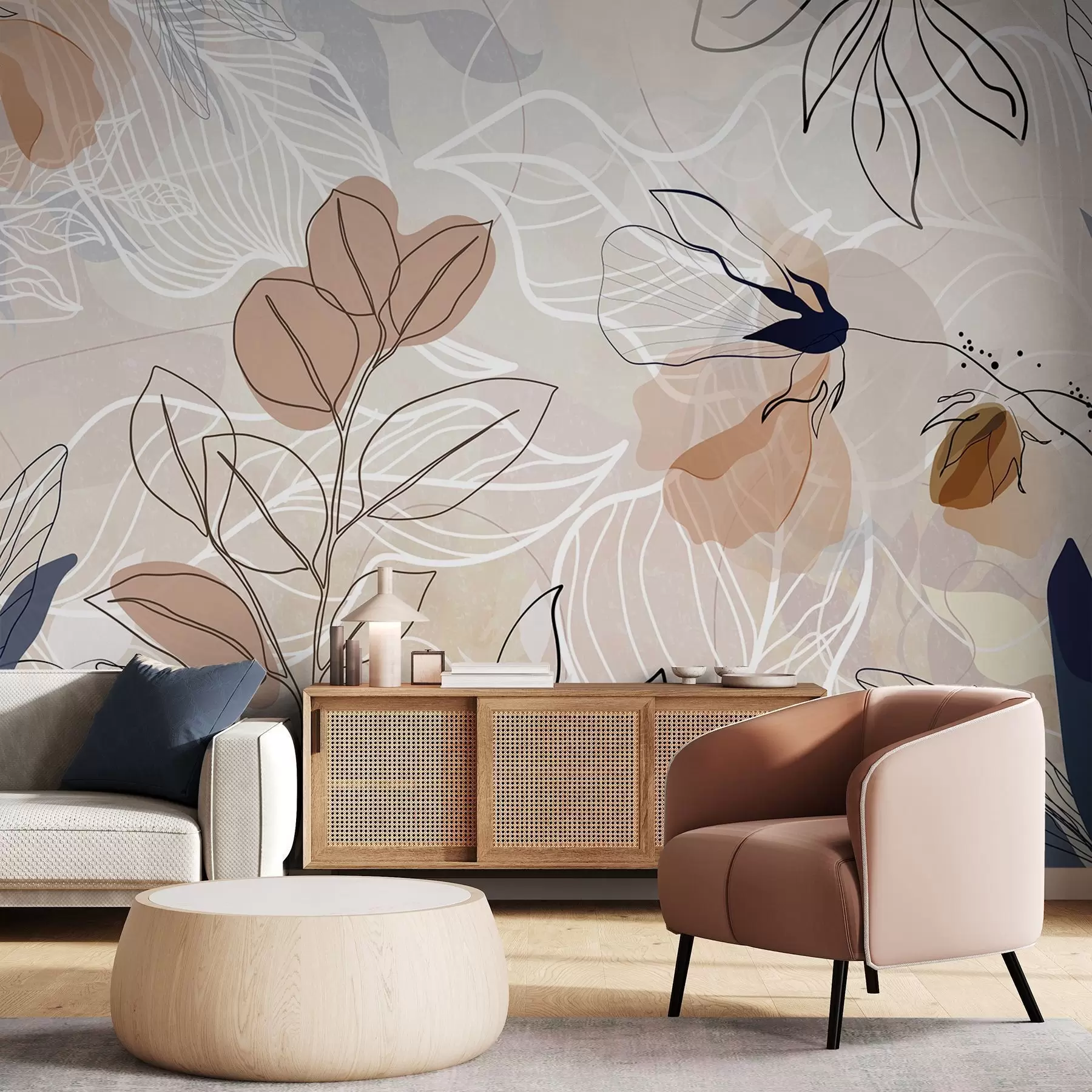 Fototapete Beiger abstrakter Hintergrund mit Blatt- und Blumenlinienkunst, modern, minimalistisch, organische Formen, botanischer Druck  w09487