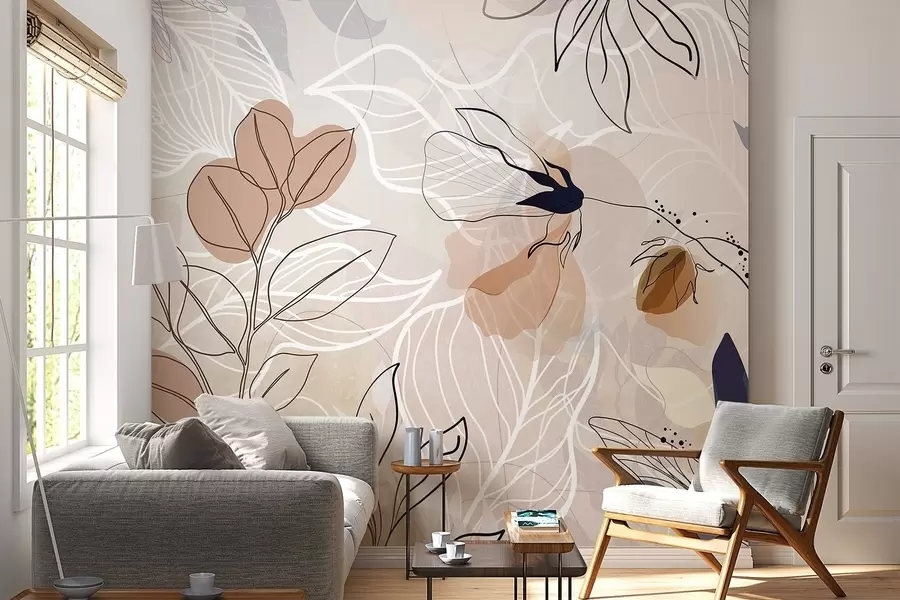 Fototapete Beiger abstrakter Hintergrund mit Blatt- und Blumenlinienkunst, modern, minimalistisch, organische Formen, botanischer Druck  w09487