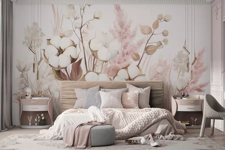 Fototapete Baumwollblumen mit weißem und rosa Pampasgras, beigen und braunen Blättern und Kräutern, weißer Hintergrund w09489