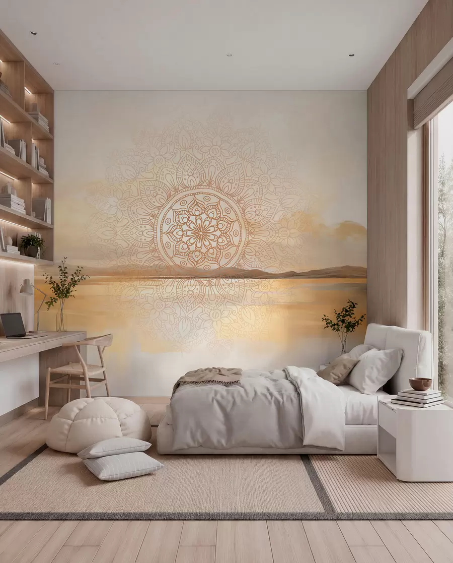 Fototapete Strukturiertes symmetrisches Mandala-Design überlagert eine Landschaft mit Meer, Hügeln und Himmel in sanften Pastellfarben w09491