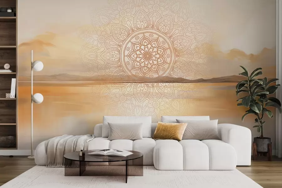 Fototapete Strukturiertes symmetrisches Mandala-Design überlagert eine Landschaft mit Meer, Hügeln und Himmel in sanften Pastellfarben w09491