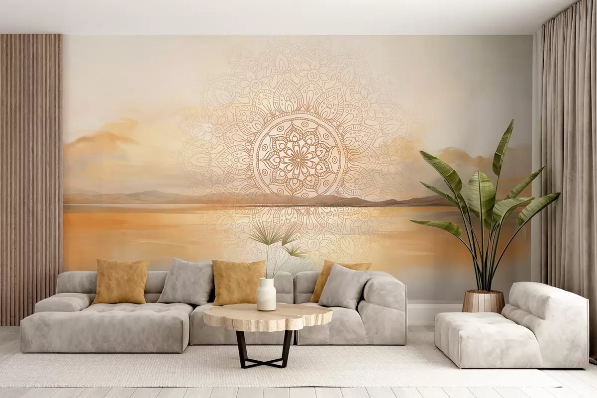 Fototapete Strukturiertes symmetrisches Mandala-Design überlagert eine Landschaft mit Meer, Hügeln und Himmel in sanften Pastellfarben w09491 Fototapete Strukturiertes symmetrisches Mandala-Design überlagert eine Landschaft mit Meer, Hügeln und Himmel in sanften Pastellfarben w09491