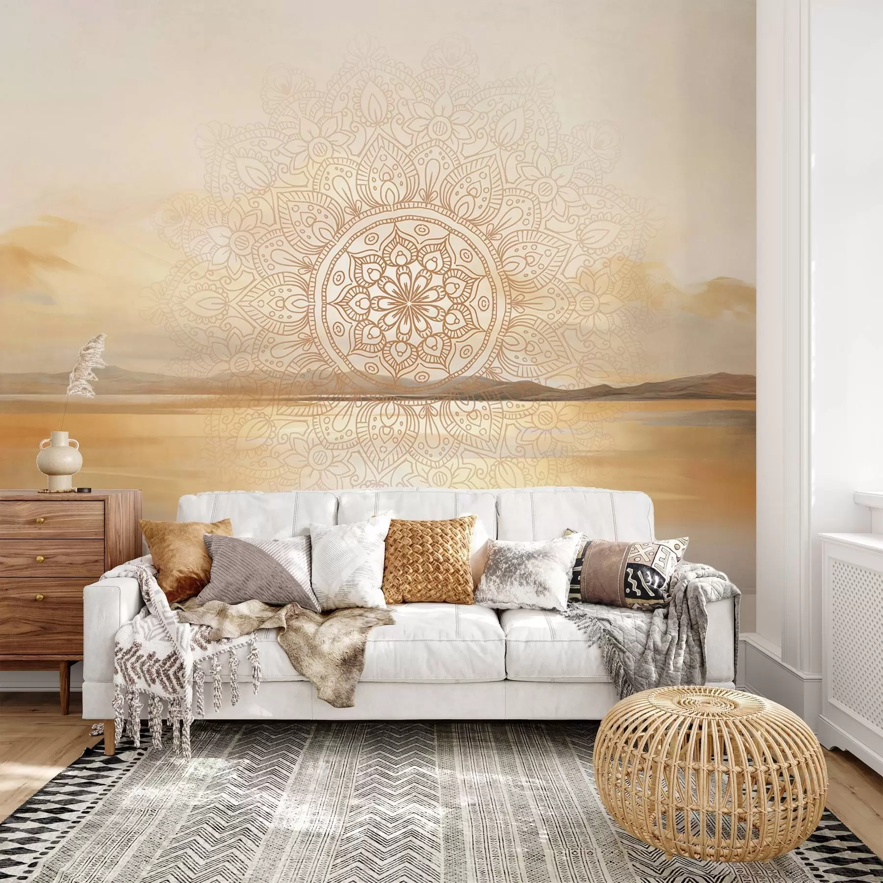 Fototapete Strukturiertes symmetrisches Mandala-Design überlagert eine Landschaft mit Meer, Hügeln und Himmel in sanften Pastellfarben w09491