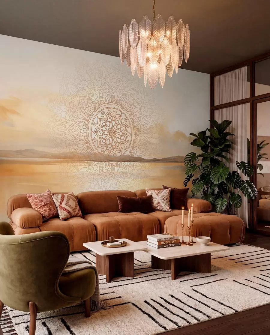 Fototapete Strukturiertes symmetrisches Mandala-Design überlagert eine Landschaft mit Meer, Hügeln und Himmel in sanften Pastellfarben w09491