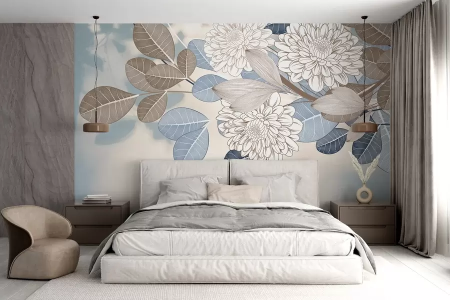 Fototapete Weiße Blumen mit blauen und braunen Blättern, hellblauer strukturierter Hintergrund, Blumenarrangement, detaillierte Strichzeichnung w09496