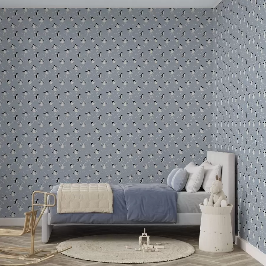 Fototapete Pinguine auf grau-blauem Hintergrund mit Fußabdrücken a00655 Fototapete Pinguine auf grau-blauem Hintergrund mit Fußabdrücken a00655