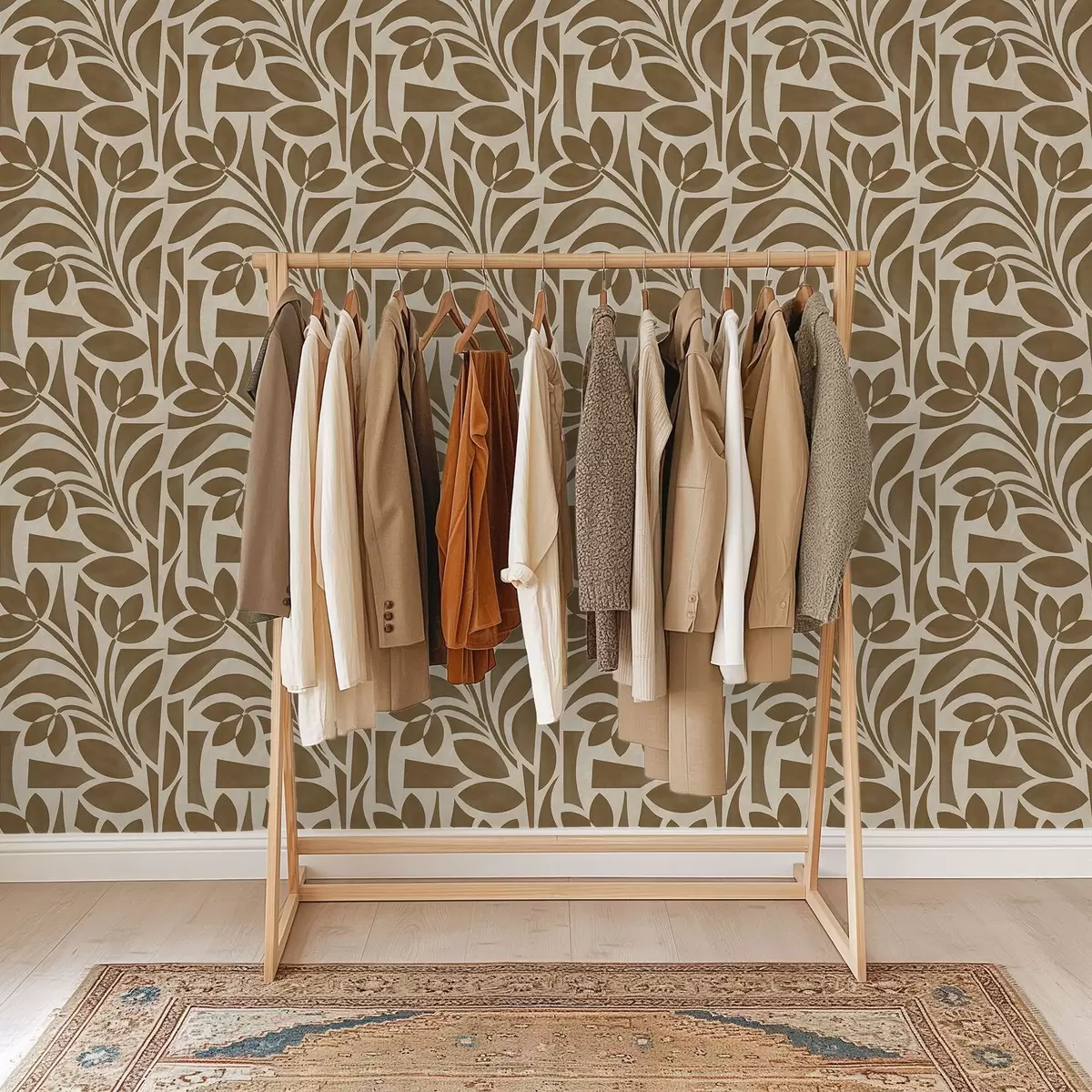 Tapete Geometrische Blattsilhouetten, karamellbraun auf Beige a00679 Tapete Geometrische Blattsilhouetten, karamellbraun auf Beige a00679