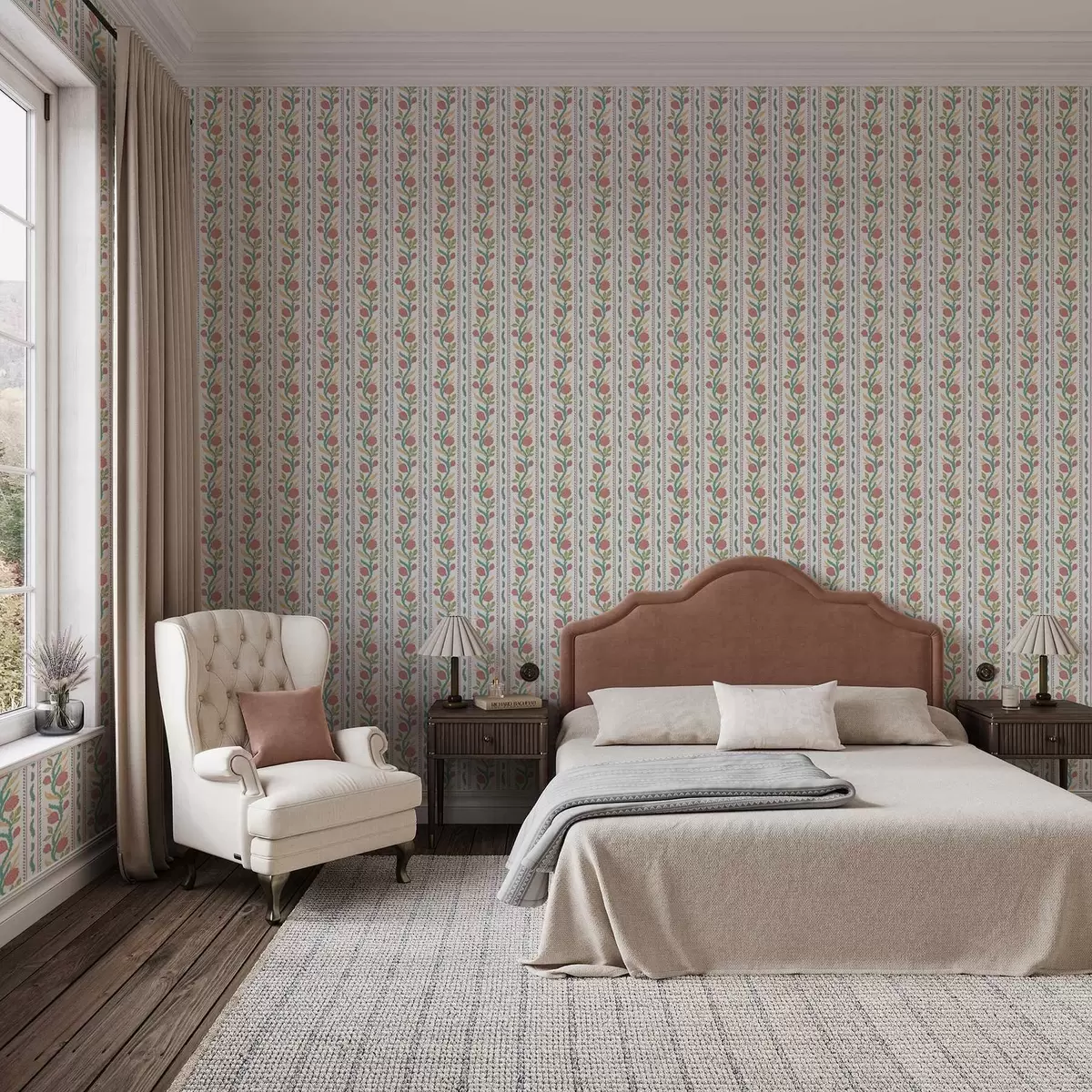 Tapete Vertikale Streifen mit Korallenblüten und türkisfarbenen Blättern a00816