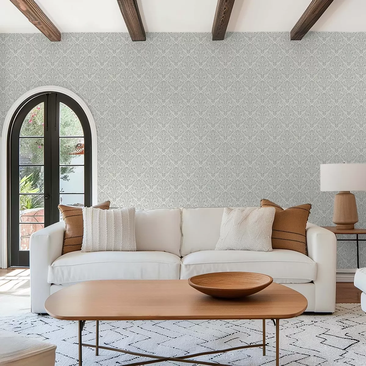 Tapete Spitzenmuster auf cremeweißem Grund mit türkisfarbenem Rand a00815v4