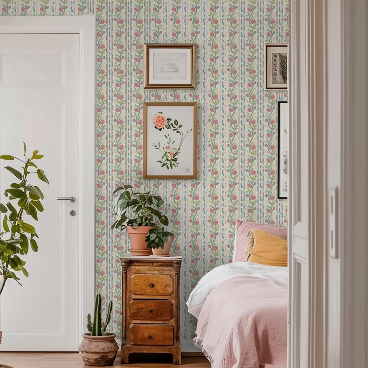 Tapete Streifen mit Korallenknospen auf hellcremefarbenem Hintergrund a00816v1