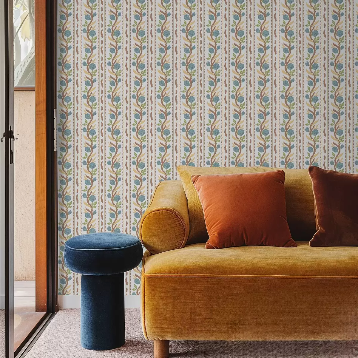 Tapete Vertikale Bouquetstreifen mit blauen Blumen a00816v2