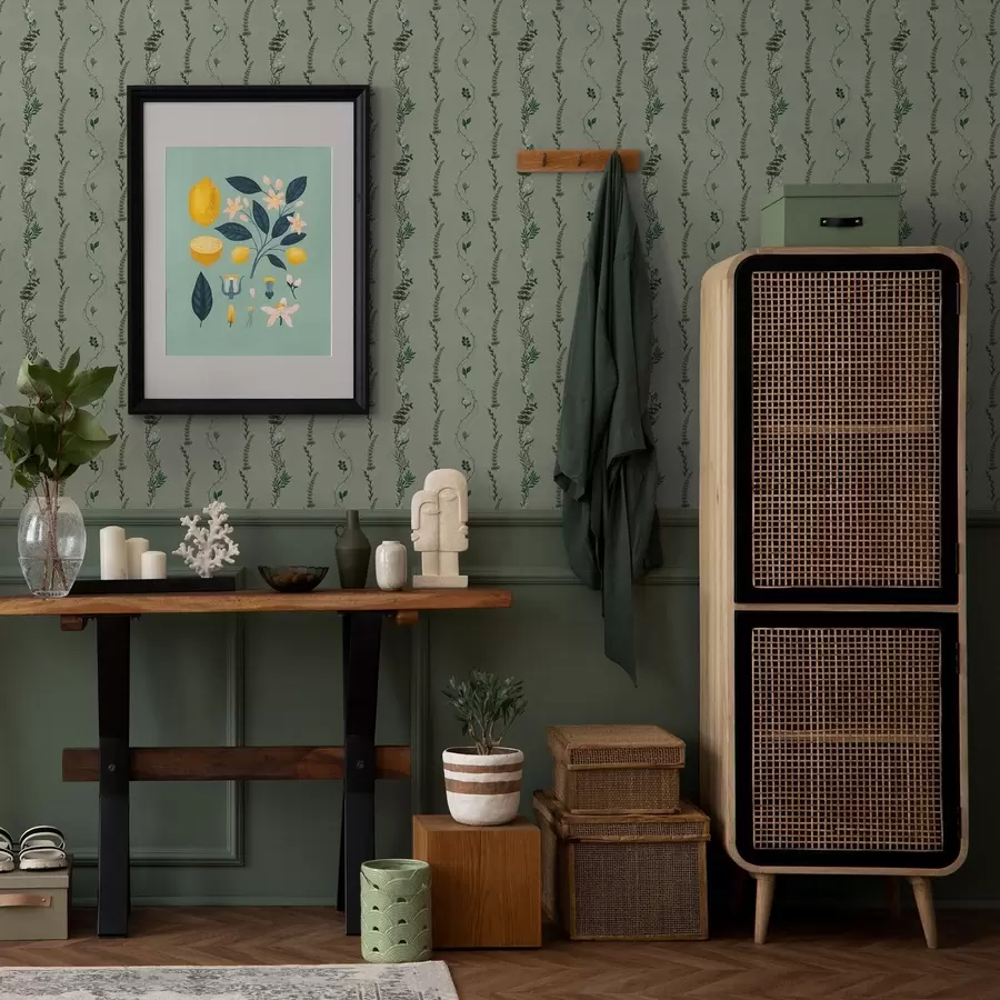 Fototapete Vertikale Ranken und Zweige auf gedämpftem Grün a00817v1