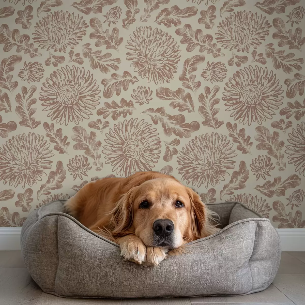 Tapete Chrysanthemen und Eichenblätter in sanftem Beige-Braun a00840 Tapete Chrysanthemen und Eichenblätter in sanftem Beige-Braun a00840