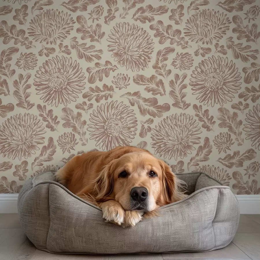 Fototapete Chrysanthemen und Eichenblätter in sanftem Beige-Braun a00840 Fototapete Chrysanthemen und Eichenblätter in sanftem Beige-Braun a00840