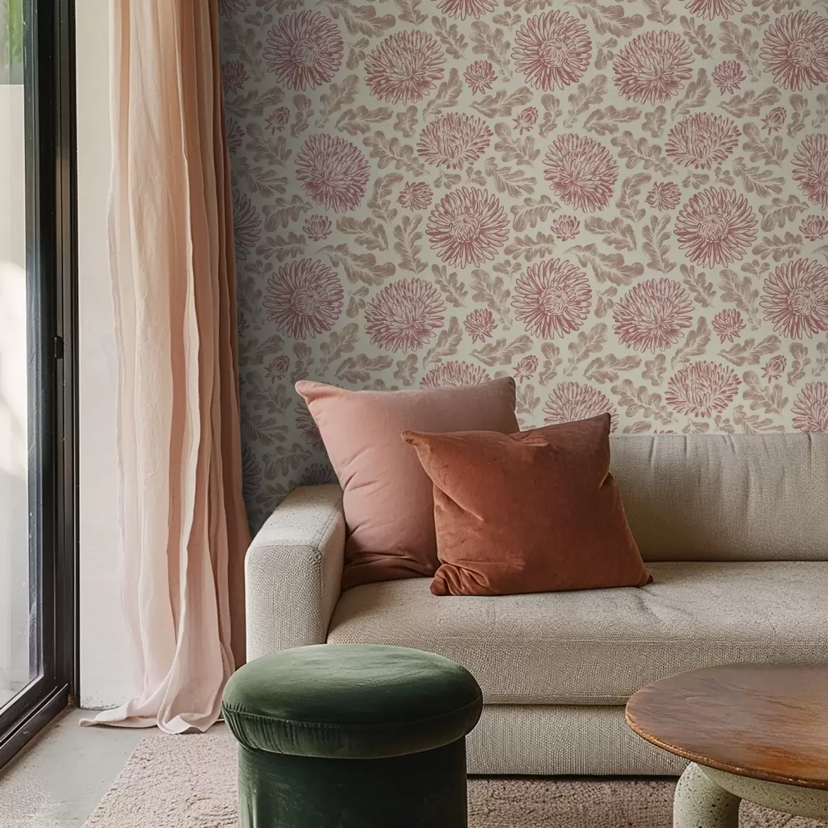 Tapete Chrysanthemen mit Weinakzenten auf Creme a00840v1 Tapete Chrysanthemen mit Weinakzenten auf Creme a00840v1