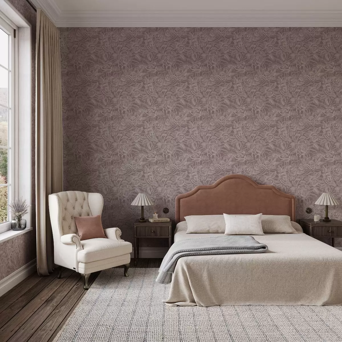 Tapete Gravierte Rosen auf tiefgrau-braunem Hintergrund a00841