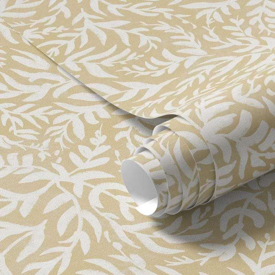 Fototapete Weißes Blattmuster auf warmem Ocker, wirbelnder Rhythmus a00845