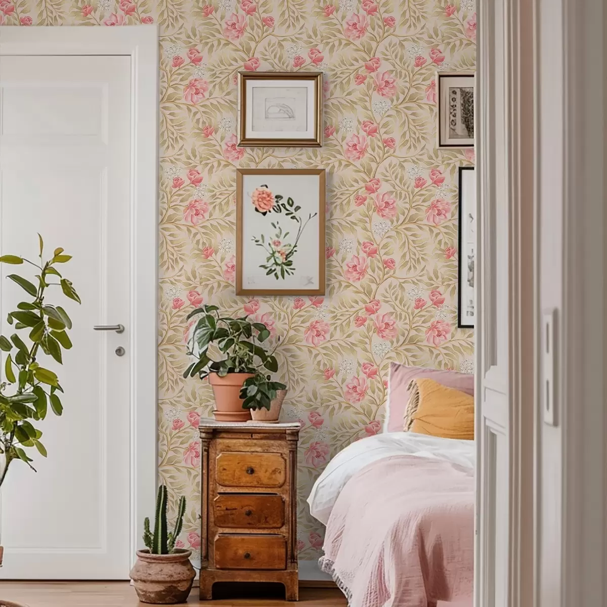 Tapete Rosa Blüten, weiße Blüten und ockerfarbenes Laub a00855 Tapete Rosa Blüten, weiße Blüten und ockerfarbenes Laub a00855