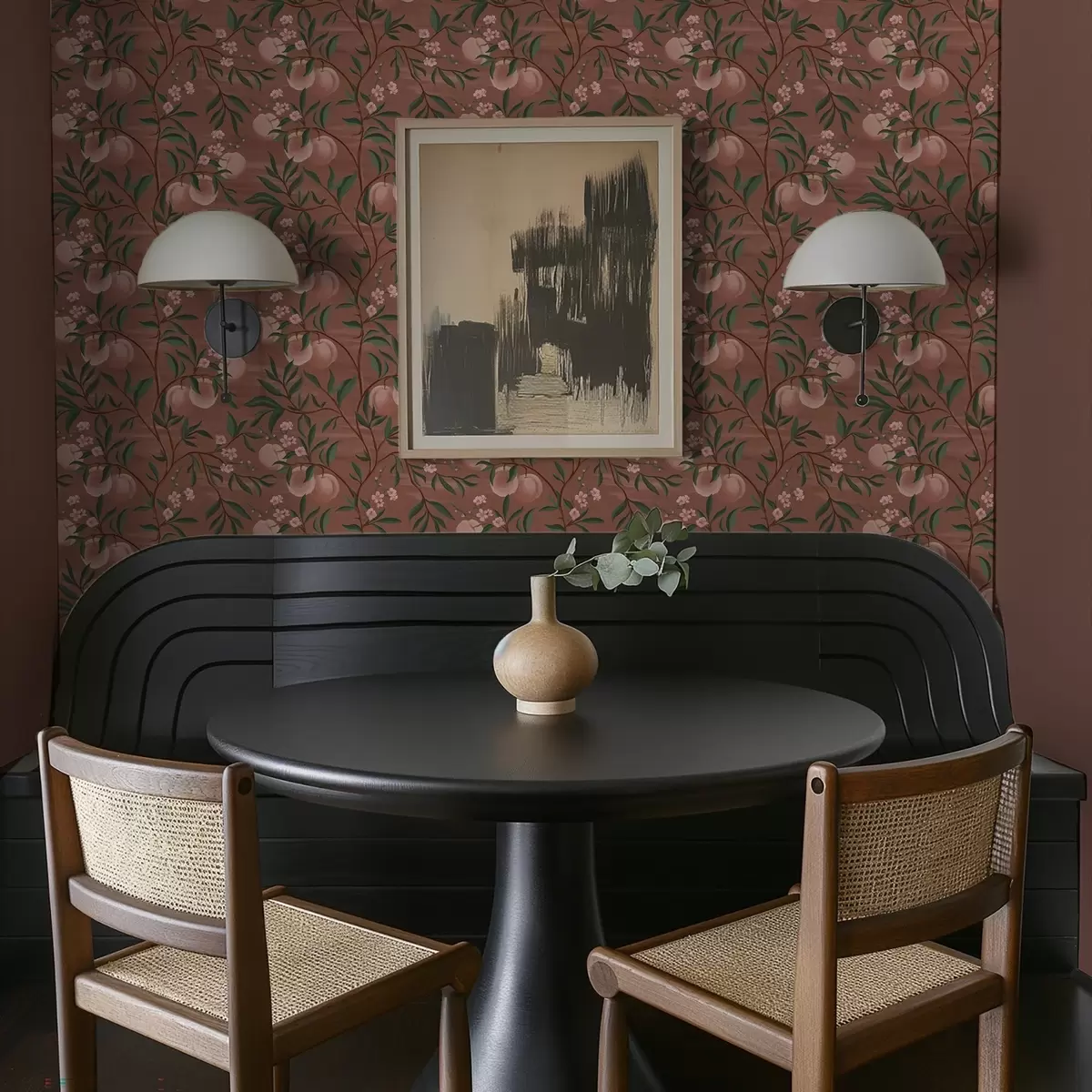 Tapete Pfirsiche an Zweigen mit rosa Blüten, terrakottafarbener Boden a00856