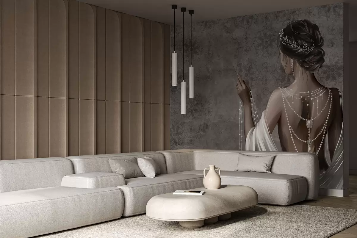 Fototapete Frau von hinten gesehen mit Perlen, grauer Hintergrund mit Steinmuster w04854 Fototapete Frau von hinten gesehen mit Perlen, grauer Hintergrund mit Steinmuster w04854