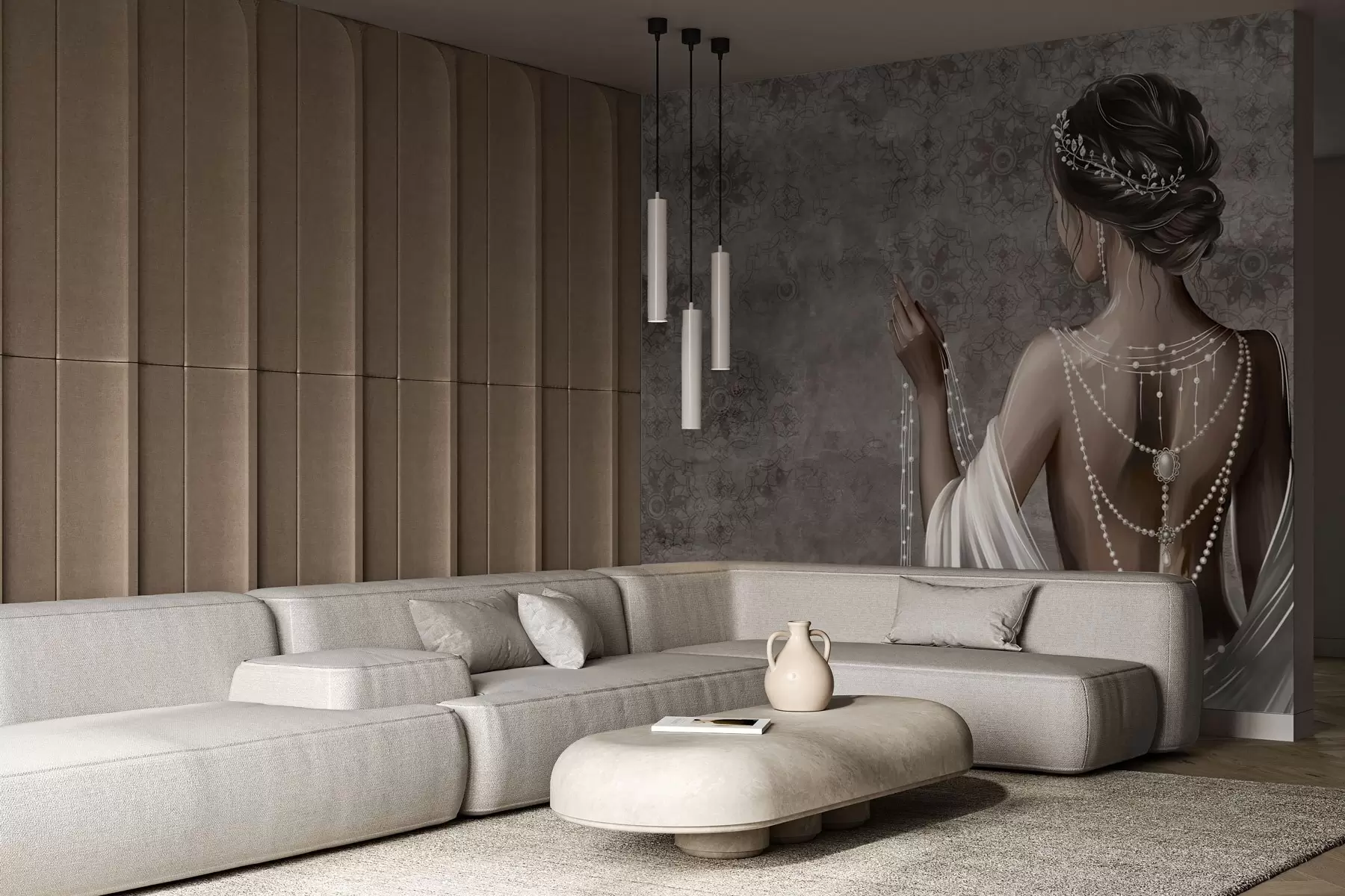 Fototapete Frau von hinten gesehen mit Perlen, grauer Hintergrund mit Steinmuster w04854 Fototapete Frau von hinten gesehen mit Perlen, grauer Hintergrund mit Steinmuster w04854