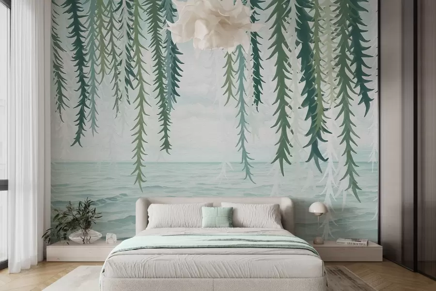 Fototapete Zarte Reben, die über Wasser hängen, im Aquarellstil w04830