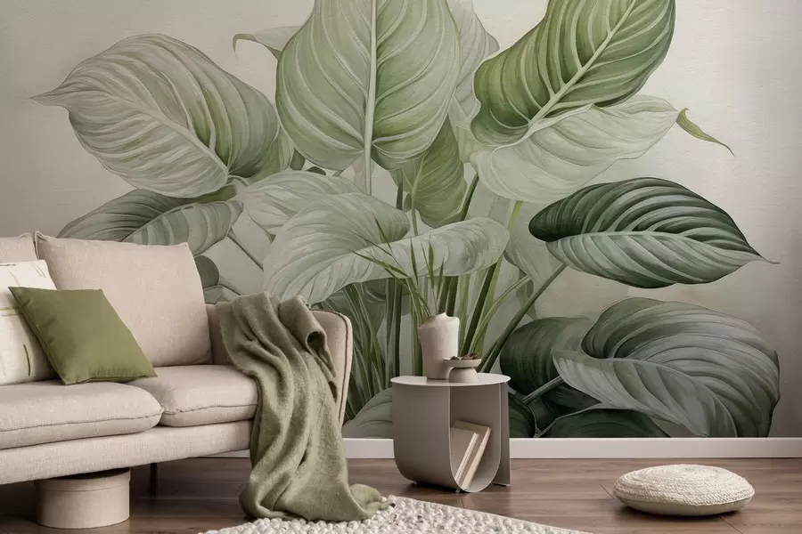 Fototapete Üppiger Busch mit grünen Blättern an der Wand w04835