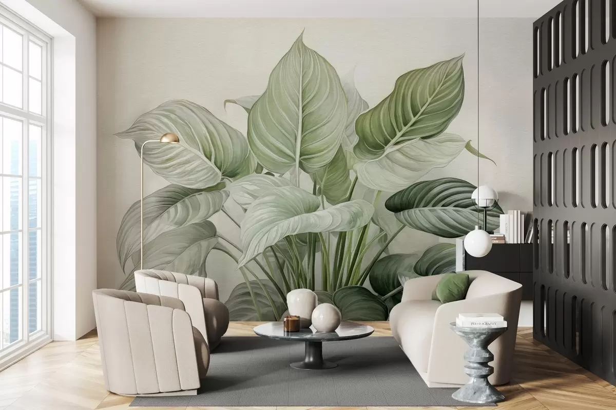 Fototapete Üppiger Busch mit grünen Blättern an der Wand w04835 Fototapete Üppiger Busch mit grünen Blättern an der Wand w04835