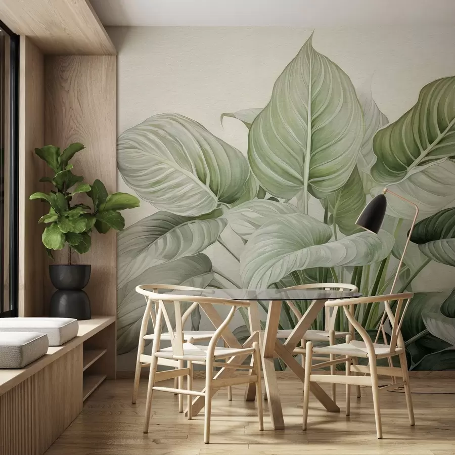 Fototapete Üppiger Busch mit grünen Blättern an der Wand w04835