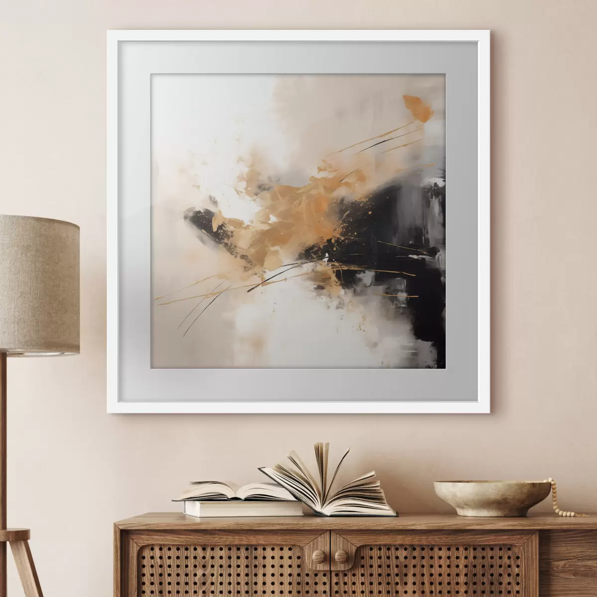 Poster Orangefarbene und schwarze Striche, moderne Abstraktion f46327