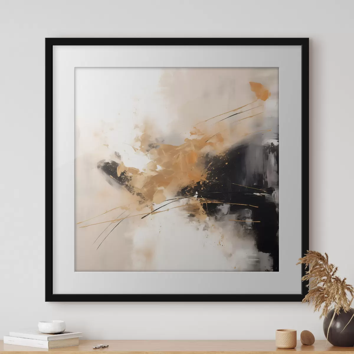 Poster Orangefarbene und schwarze Striche, moderne Abstraktion f46327
