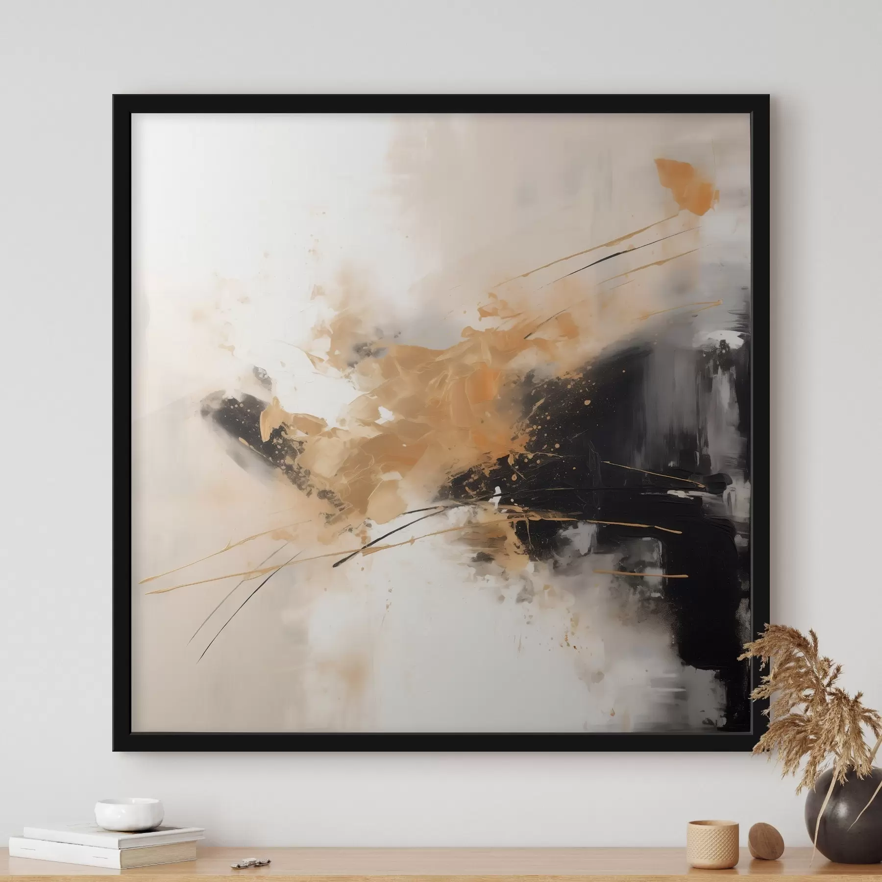 Fototapete Orangefarbene und schwarze Striche, moderne Abstraktion f46327