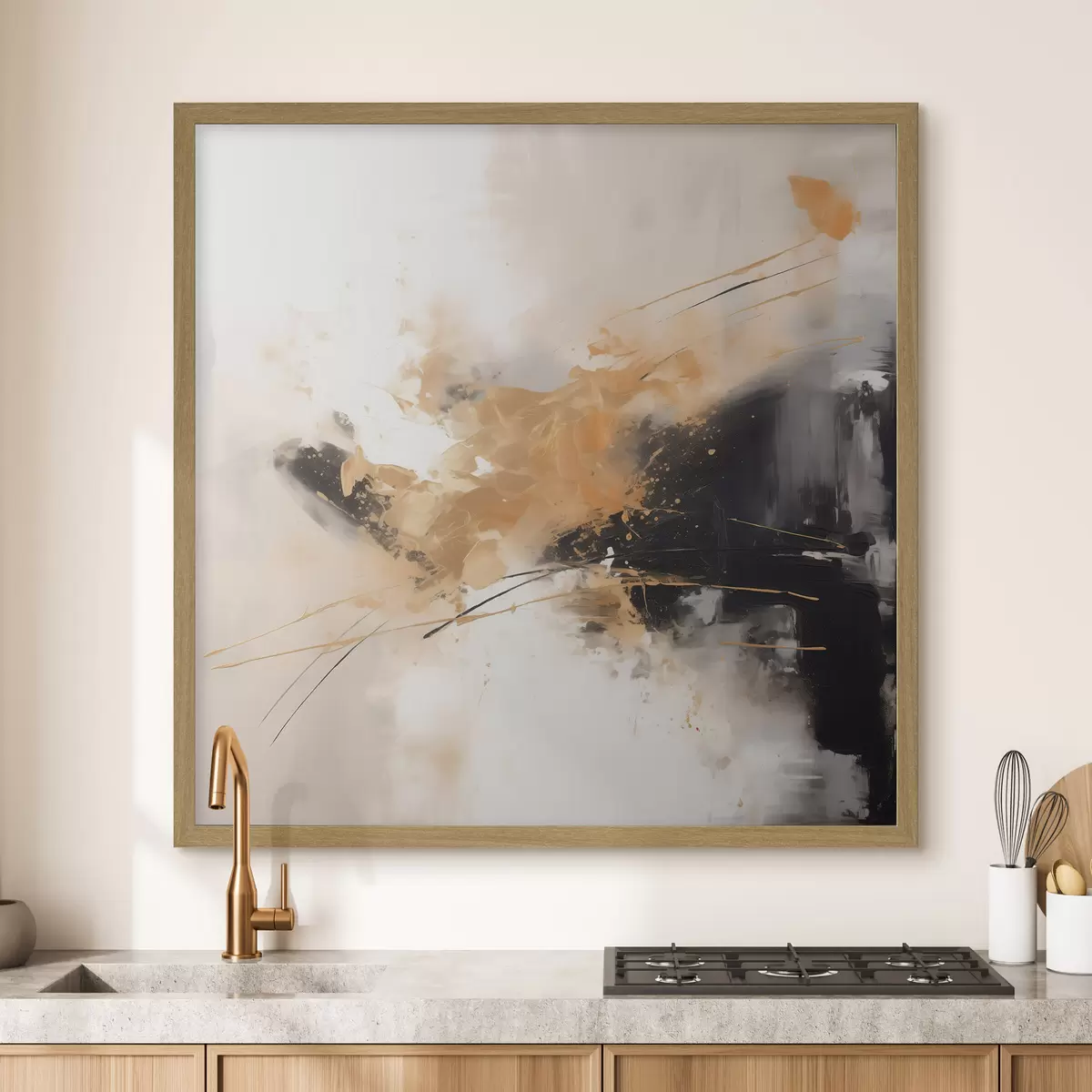 Poster Orangefarbene und schwarze Striche, moderne Abstraktion f46327