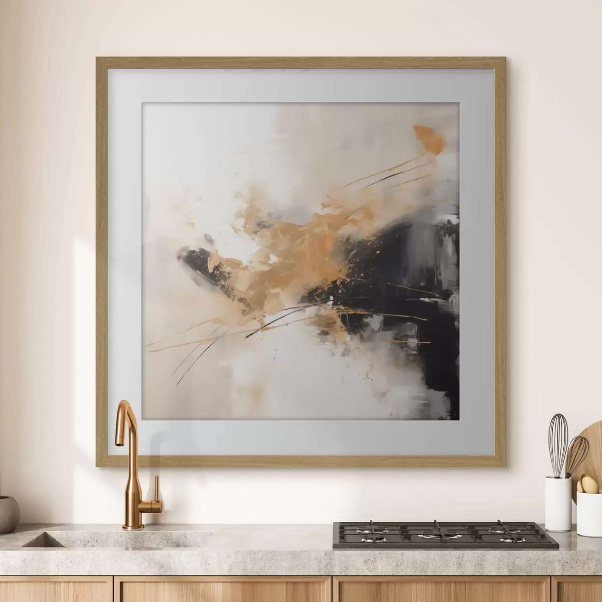 Poster Orangefarbene und schwarze Striche, moderne Abstraktion f46327