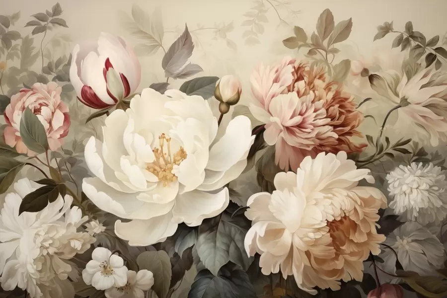 Fototapete Zarte Pfingstrosen und Chrysanthemen in Pastelltönen w09350