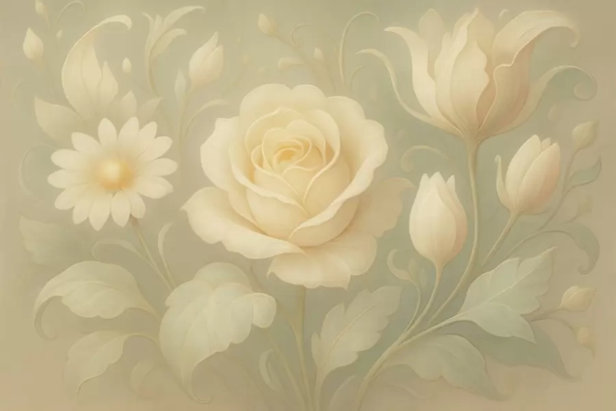 Fototapete Zarte Vintage-Komposition mit beigen Rosen auf hellgrünem Hintergrund w09499