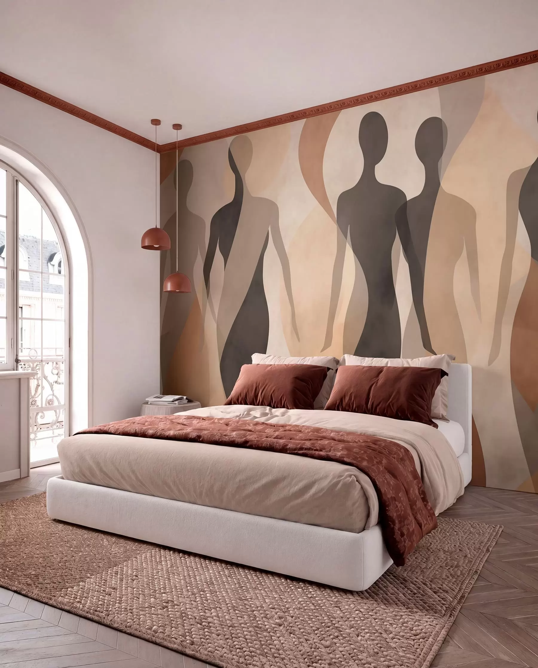 Fototapete Silhouetten und sanfte Wellen in warmen Beige-Grau-Tönen w04787