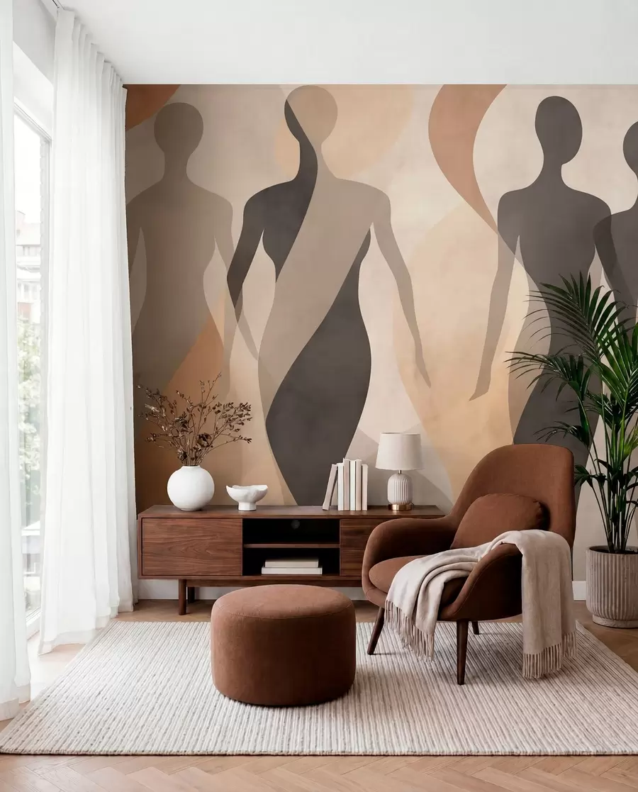 Fototapete Silhouetten und sanfte Wellen in warmen Beige-Grau-Tönen w04787