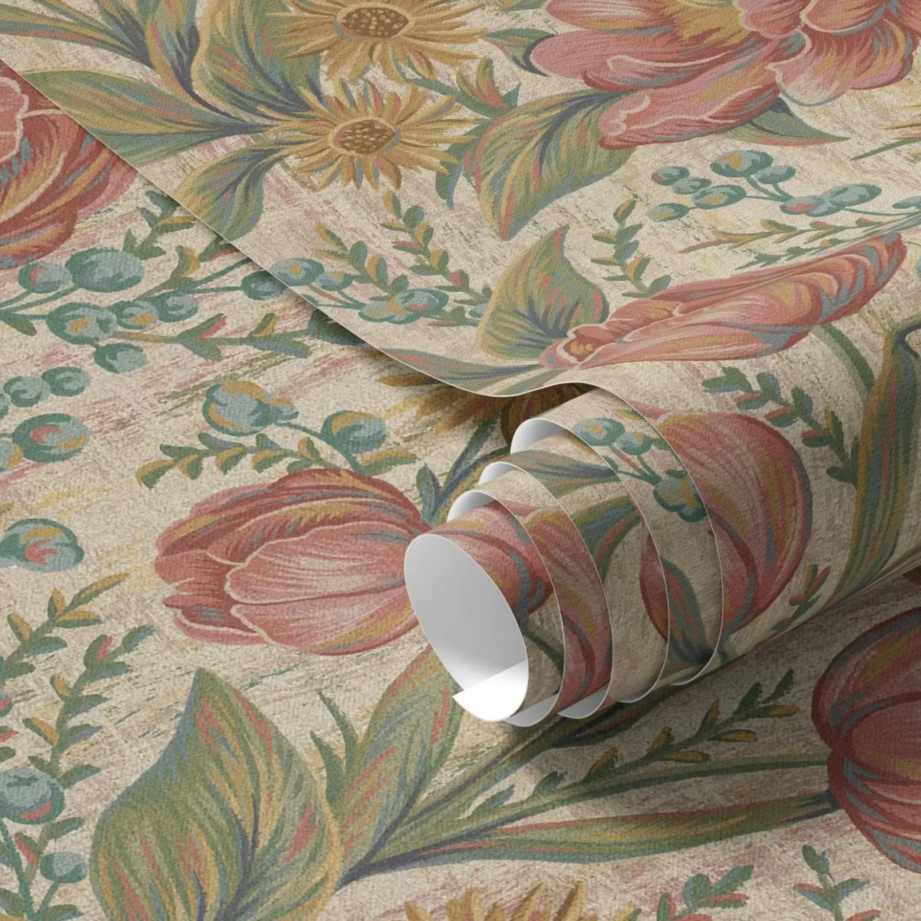 Fototapete Vintage-Tulpen und Astern, strukturierter cremefarbener Hintergrund a00773