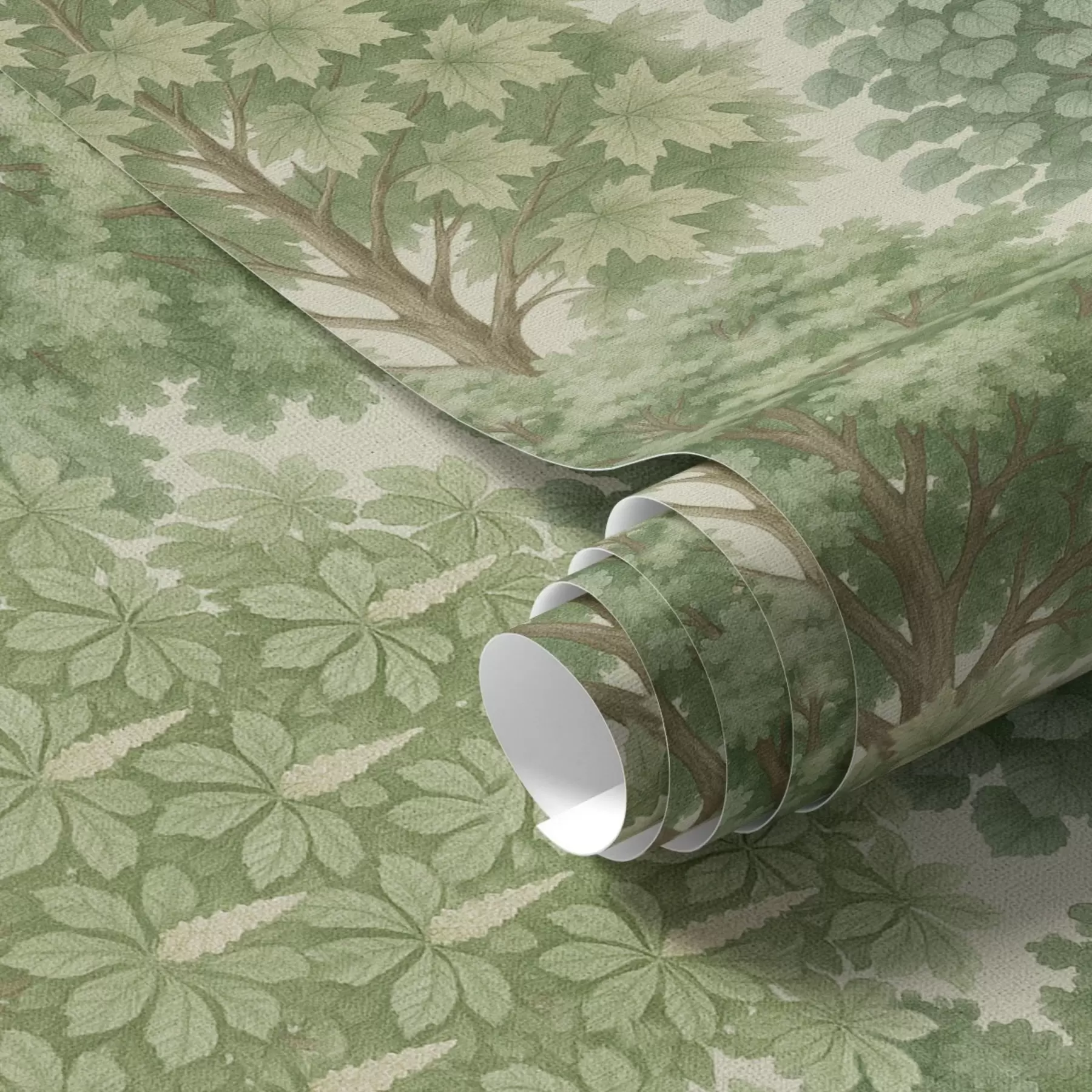 Fototapete Baumgarten in sanften Grüntönen auf hellem Untergrund a00775