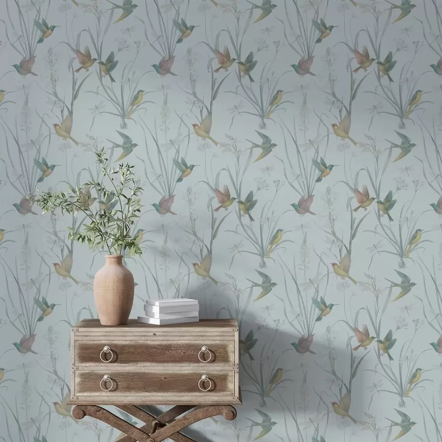 Fototapete Vögel zwischen Wiesengräsern auf grau-blauem Boden a00776