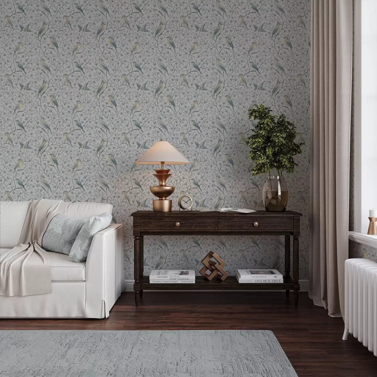 Fototapete Vögel auf Ästen, grau-blaues Farbschema a00782